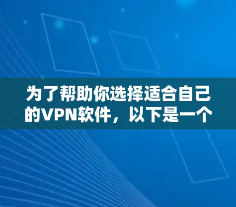 为了帮助你选择适合自己的VPN软件,以下是一个清晰的步骤指南 为了帮助你选择适合自己的VPN软件,以下是一个清晰的步骤指南